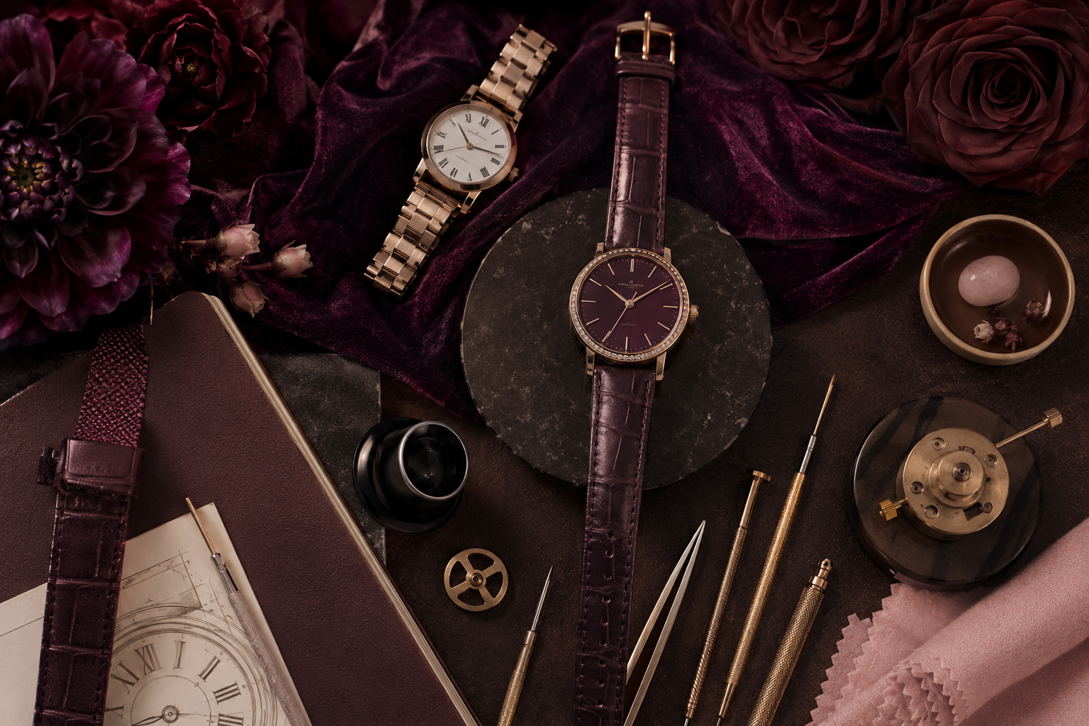 Vintage watch tools on a plum work surface