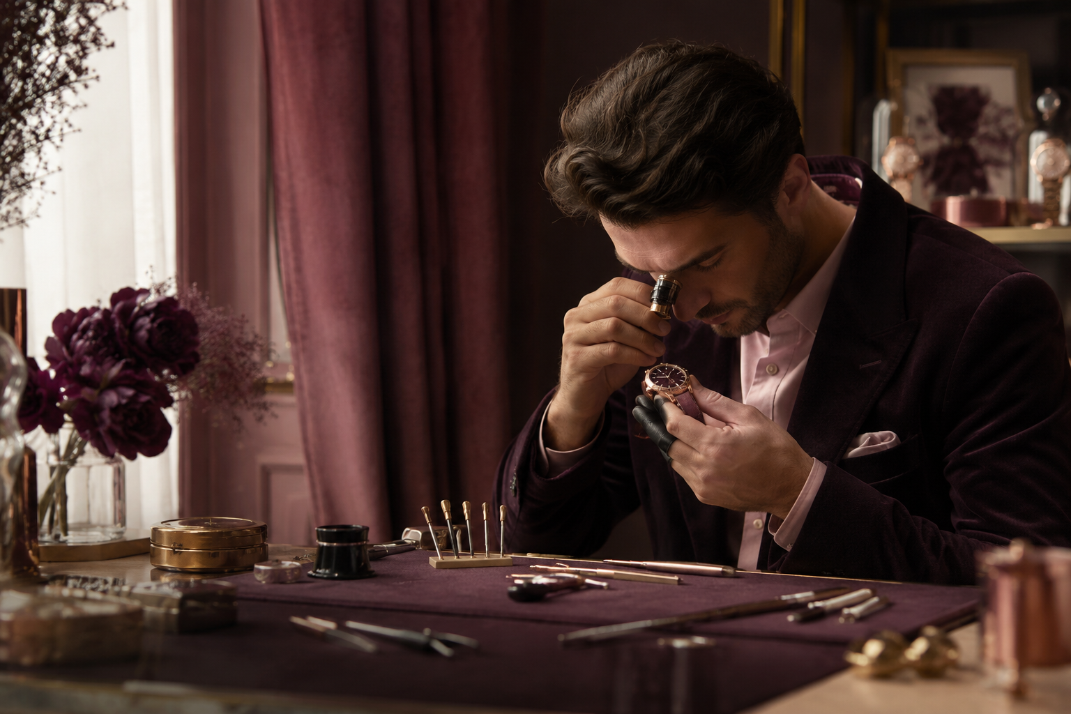 Watchmaker inspecting a premium wristwatch at a velvet plum bench